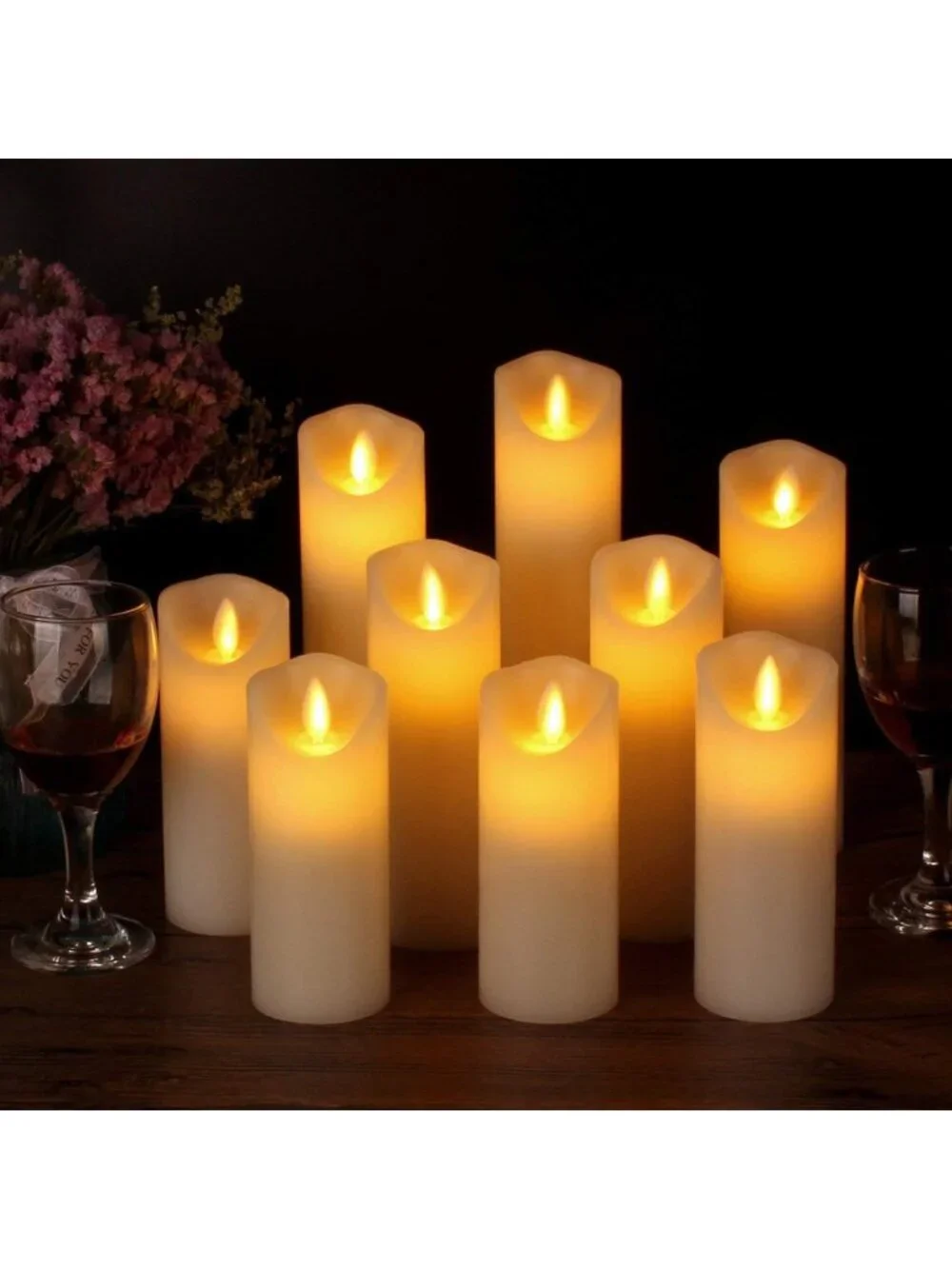 Set of 9 Ivory Flameless Candles - Dripless Real Wax, LED Flames, Remote & Timer